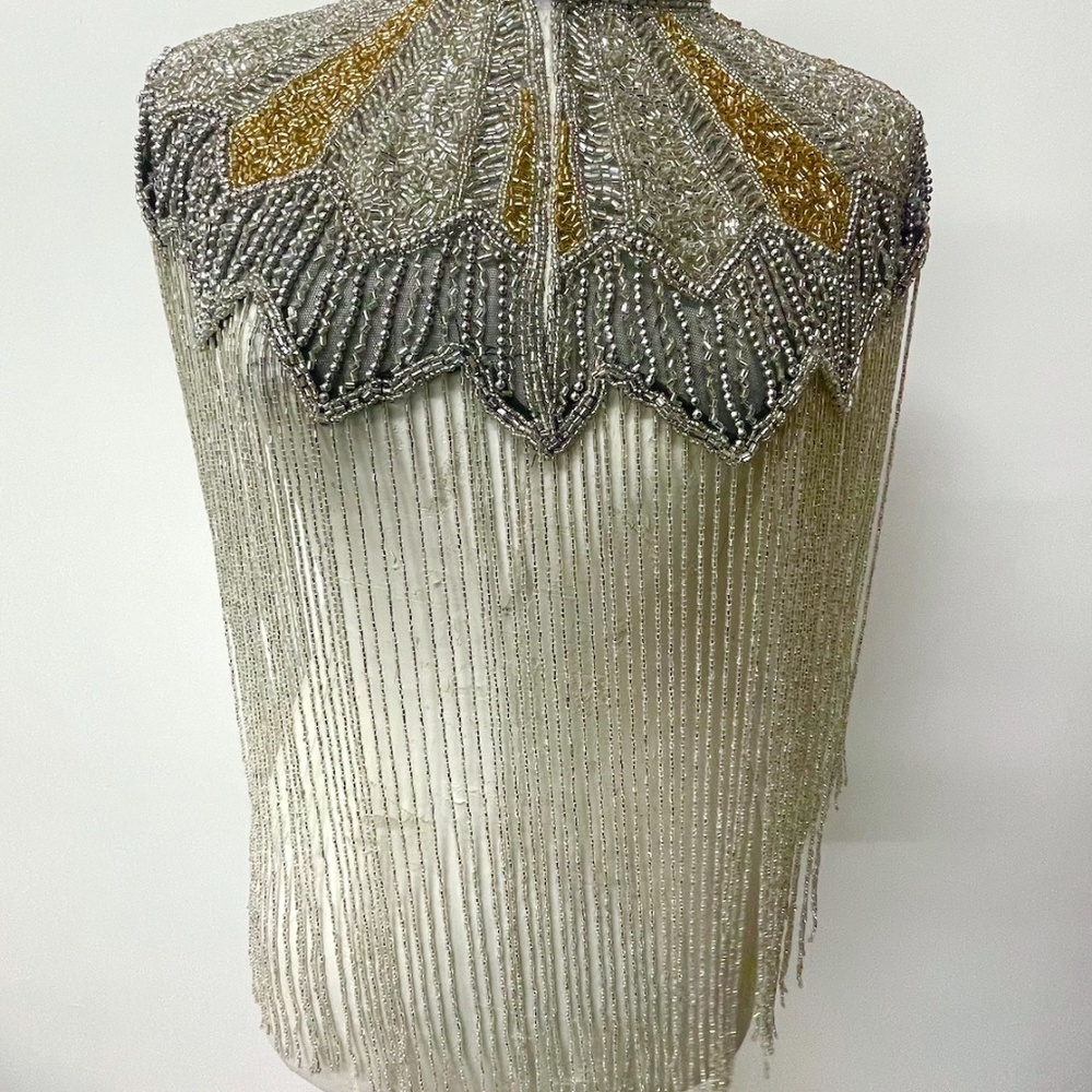 Silver and gold lunar design hand beaded fringe capelet O/S - Picture 2 of 2